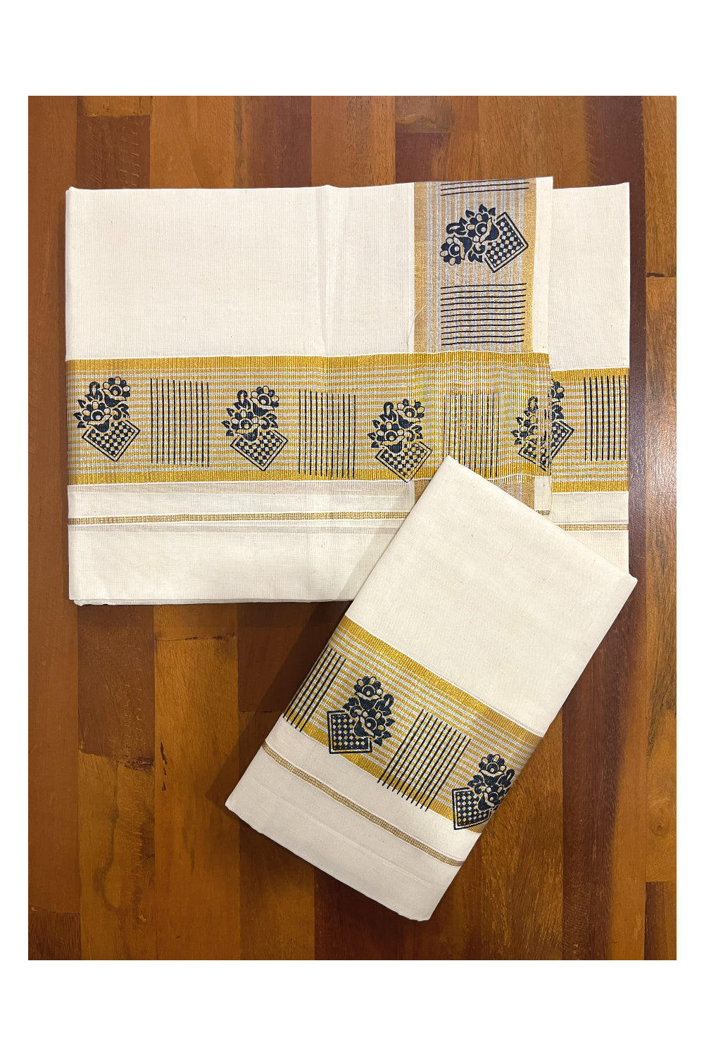 Southloom Pure Cotton Kerala Single Set Mundu with Blue Block Prints on Kasavu Border (Onam Set Mundu 2023)