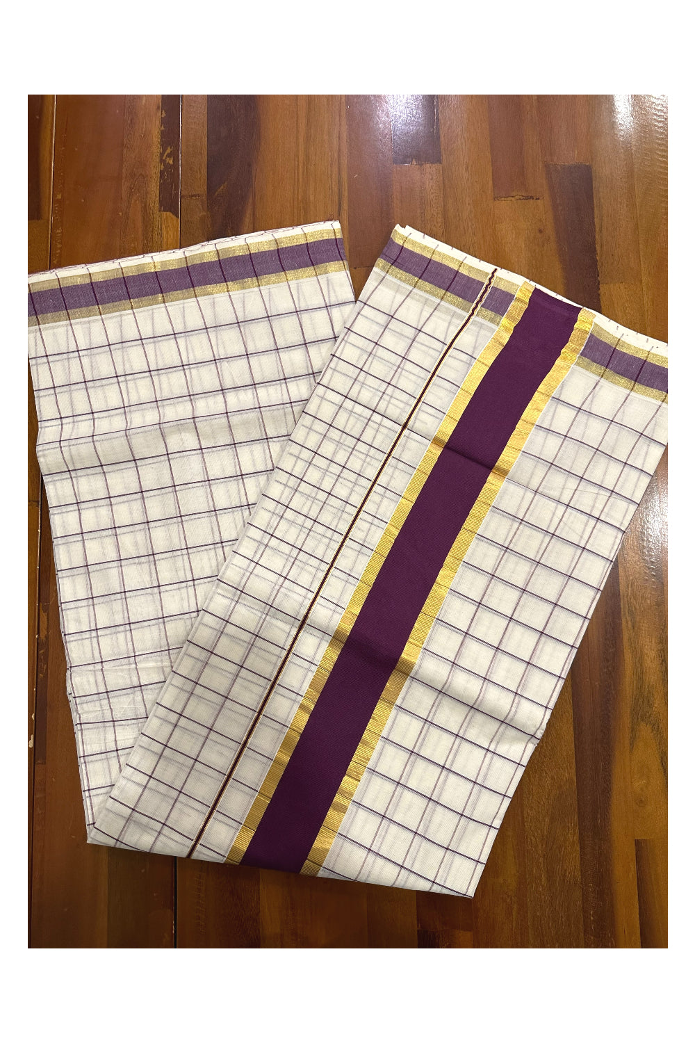 Kerala Woven Check Design Saree with Kasavu and Purple Border (Onam Saree 2023)