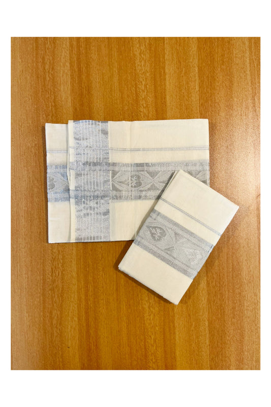 Kerala Pure Cotton Single Set Mundu  (Mundum Neriyathum) with Woven Designs on Silver Kasavu Border 2.80 Mtrs