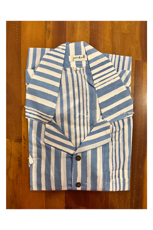 Southloom Jaipur Cotton Blue White Lines Hand Block Printed Cuban Collar Shirt (Half Sleeves)