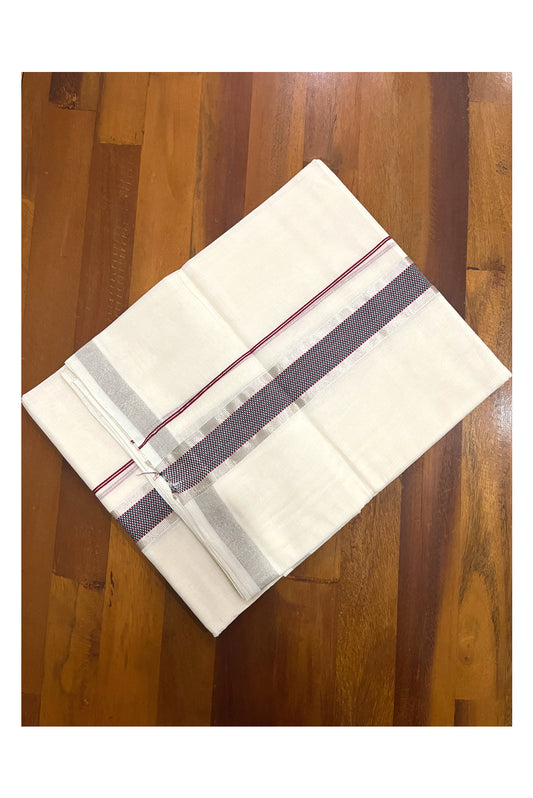 Southloom Premium Handloom Cotton Double Mundu with Silver Kasavu and Green Maroon Woven Border (South Indian Kerala Dhoti)