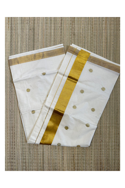 Kerala Pure Cotton Saree with Kasav and Golden Embroidery Polka on Body