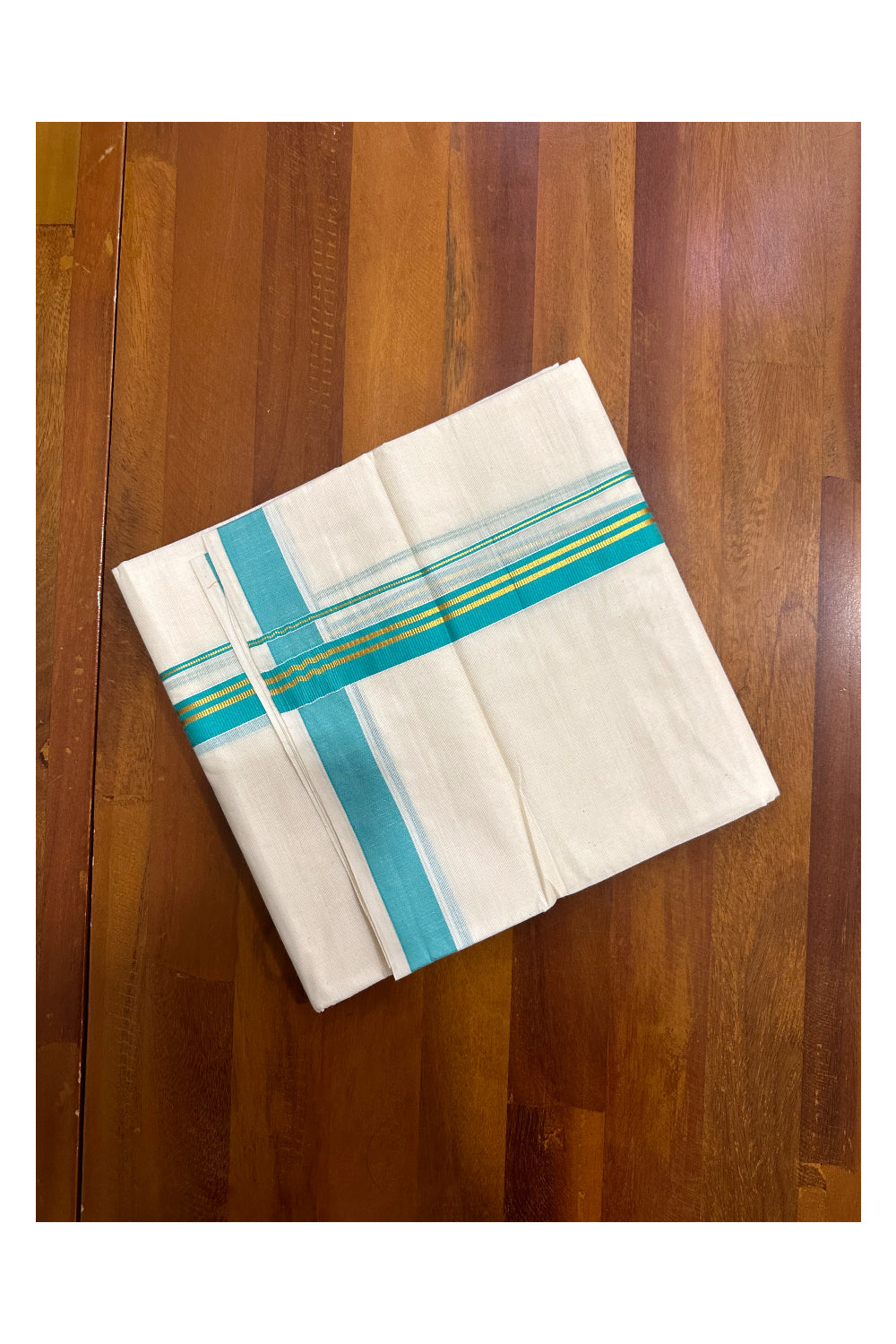 Kerala Cotton Double Mundu with Turquoise and Kasavu Border (Onam Mundu 2023)