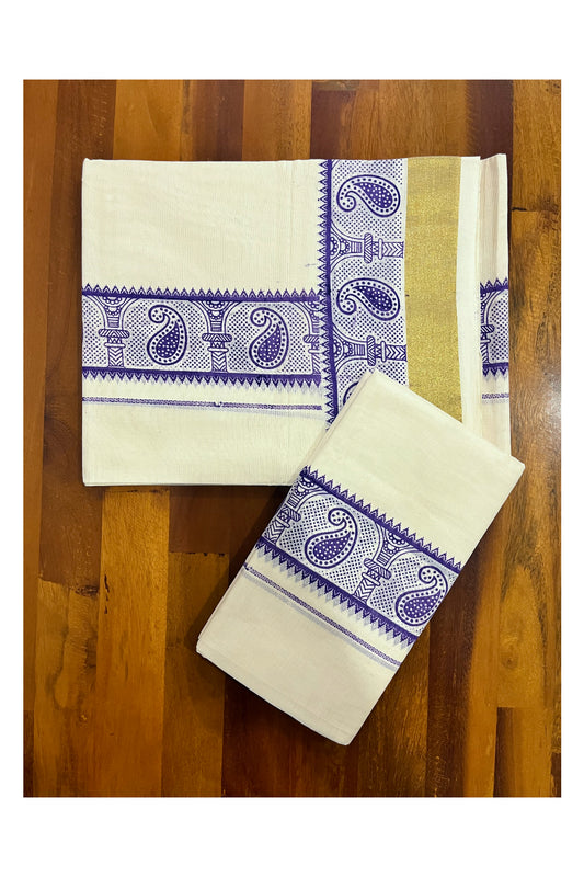 Kerala Pure Cotton Single Set Mundu with Violet Paisley Block Printed Border