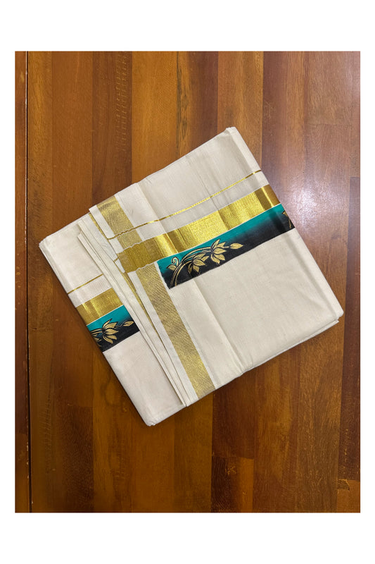 Kerala Pure Cotton Double Mundu with Hand Painted Designs on Kasavu Border(South Indian Kerala Dhoti)