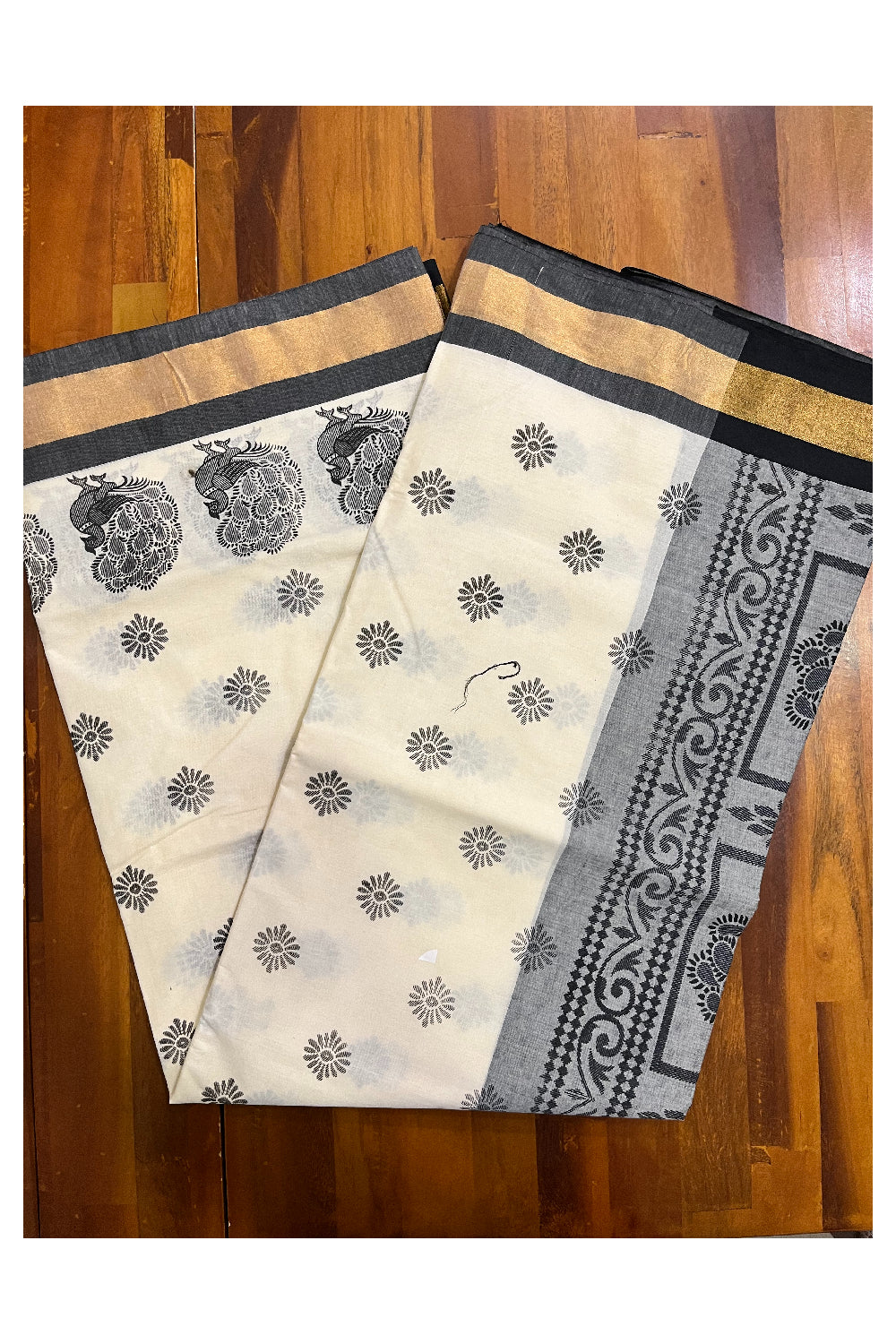 Pure Cotton Kerala Saree with Black Block Print Designs and Kasavu Border (Vishu 2024 Collection)