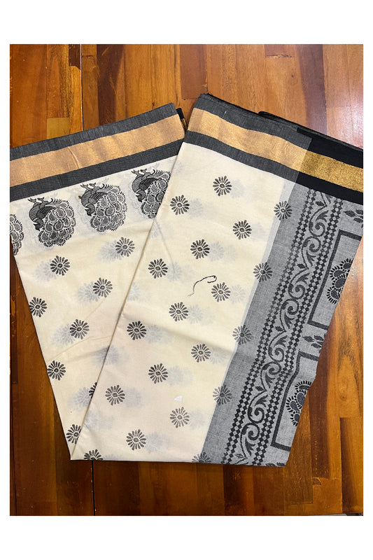 Pure Cotton Kerala Saree with Black Heavy Woven Designs and Kasavu Border (Vishu 2024 Collection)