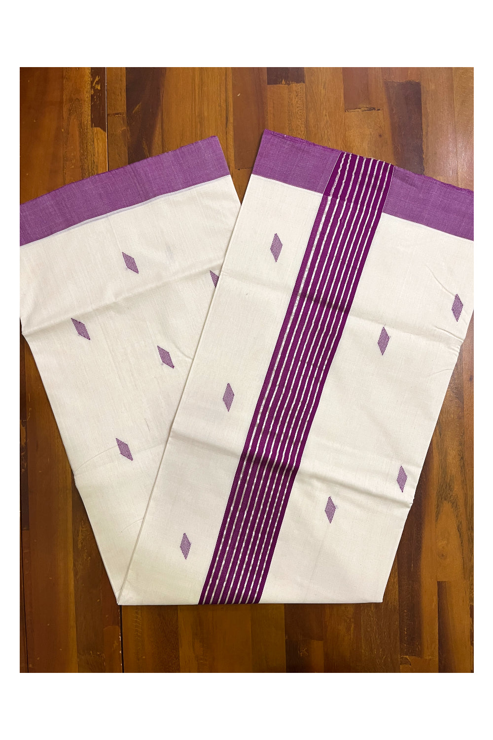 Southloom Premium Balaramapuram Unakkupaavu Handloom Cotton Butta Saree with Violet and Kasavu Border