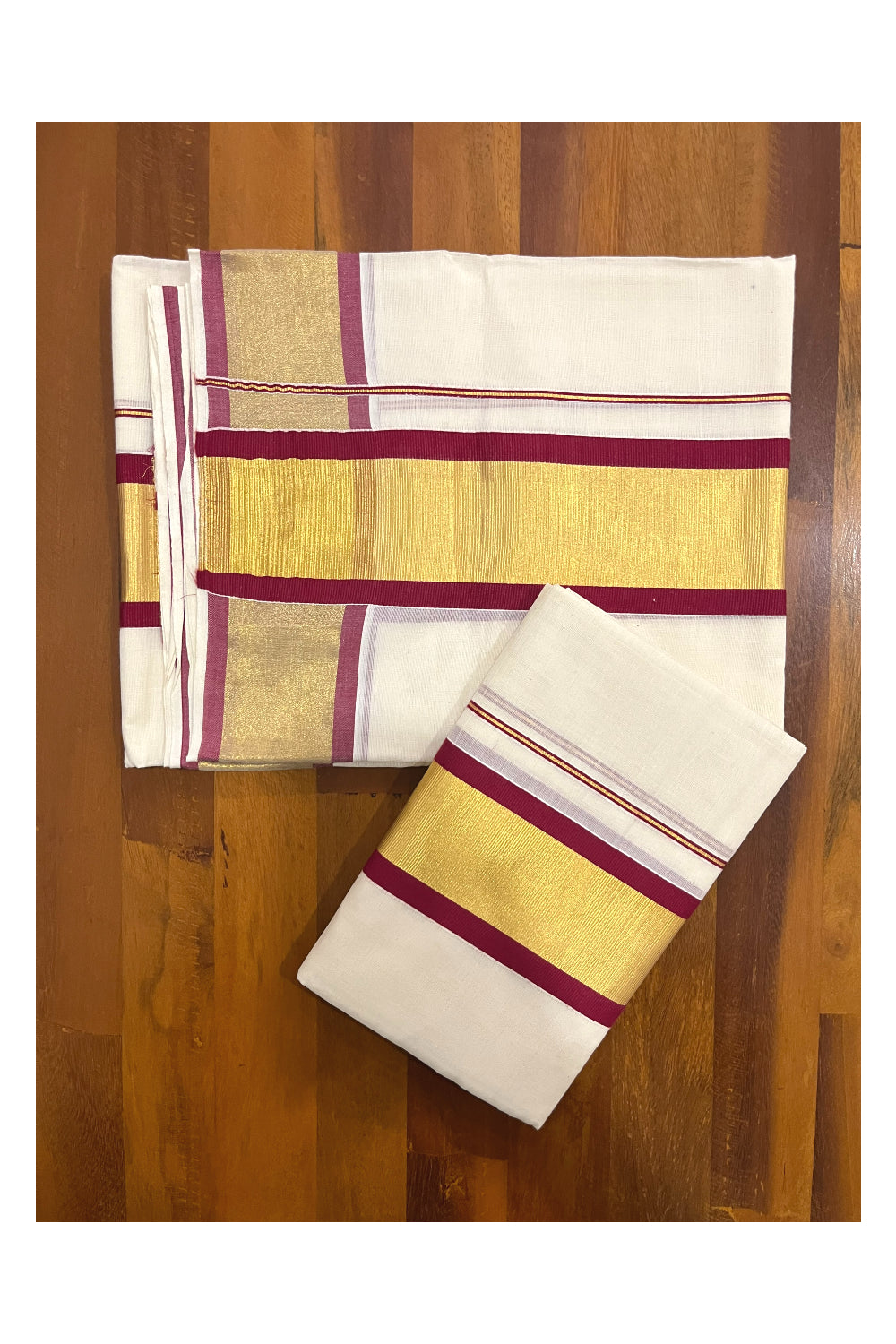 Pure Cotton Kerala Onam 2023 Set Mundu (Mundum Neriyathum) Single with Maroon and Kasavu Border 2.80 Mtrs