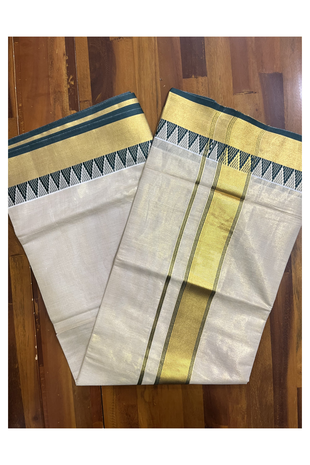 Kerala Tissue Saree with Kasavu and Dark Green Temple Woven Designs on Border (Vishu 2024 Collection)