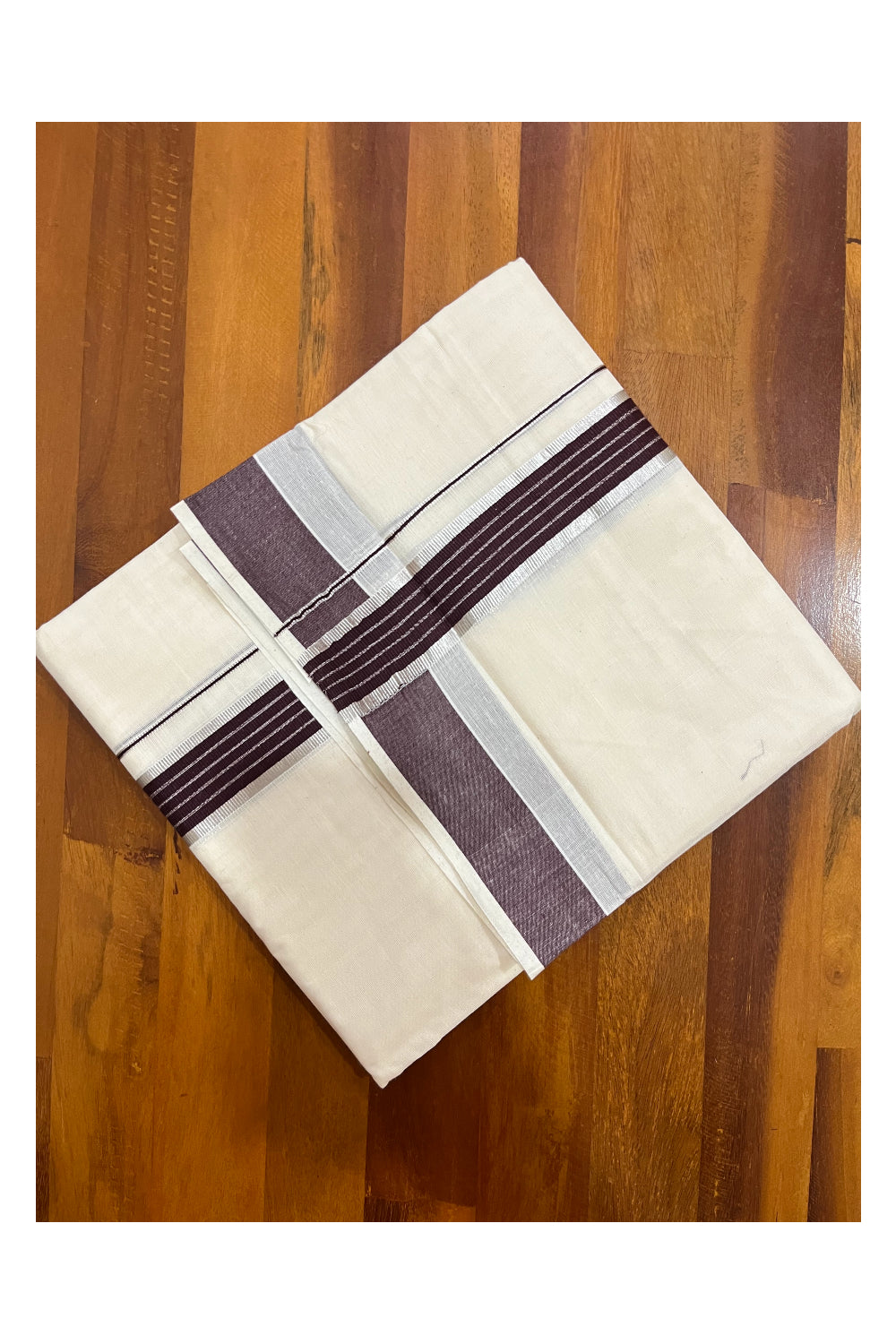 Kerala Cotton Double Mundu with Brown and Silver Kasavu Line Border (Onam Mundu 2023)