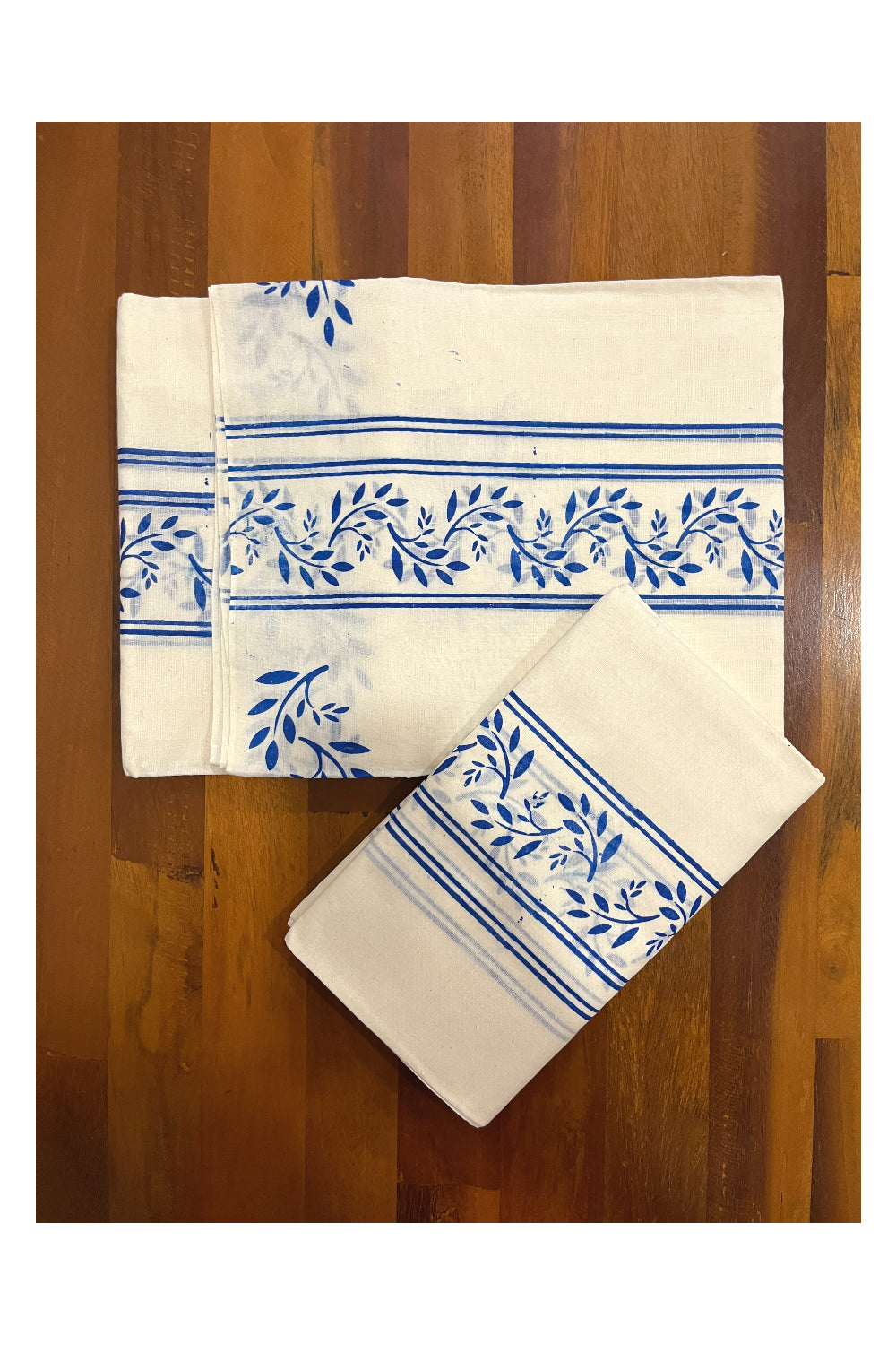 Pure Cotton Kerala Single Set Mundu (Mundum Neriyathum) with Blue Block Prints on Border