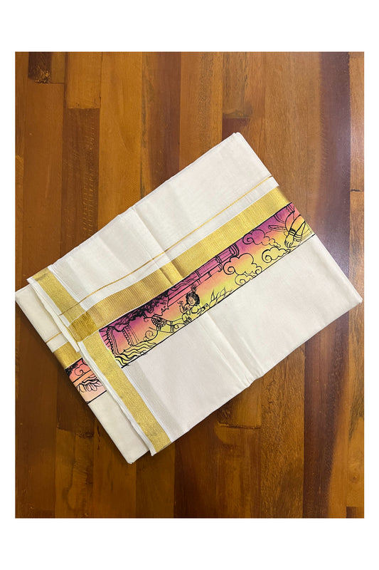 Kerala Pure Cotton Double Mundu with Mural Hand Painted Design on Kasavu Border (South Indian Kerala Dhoti)