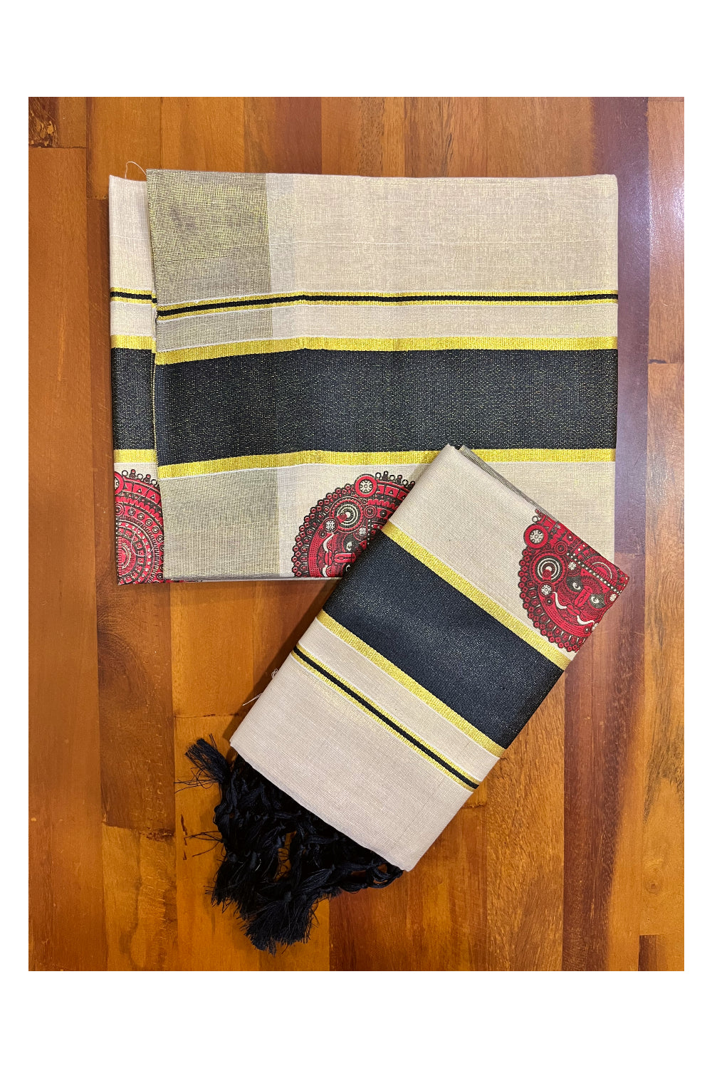 Kerala Tissue Single Set Mundu (Mundum Neriyathum) with Theyyam Block Prints and Black Border (Vishu 2024 Collection)