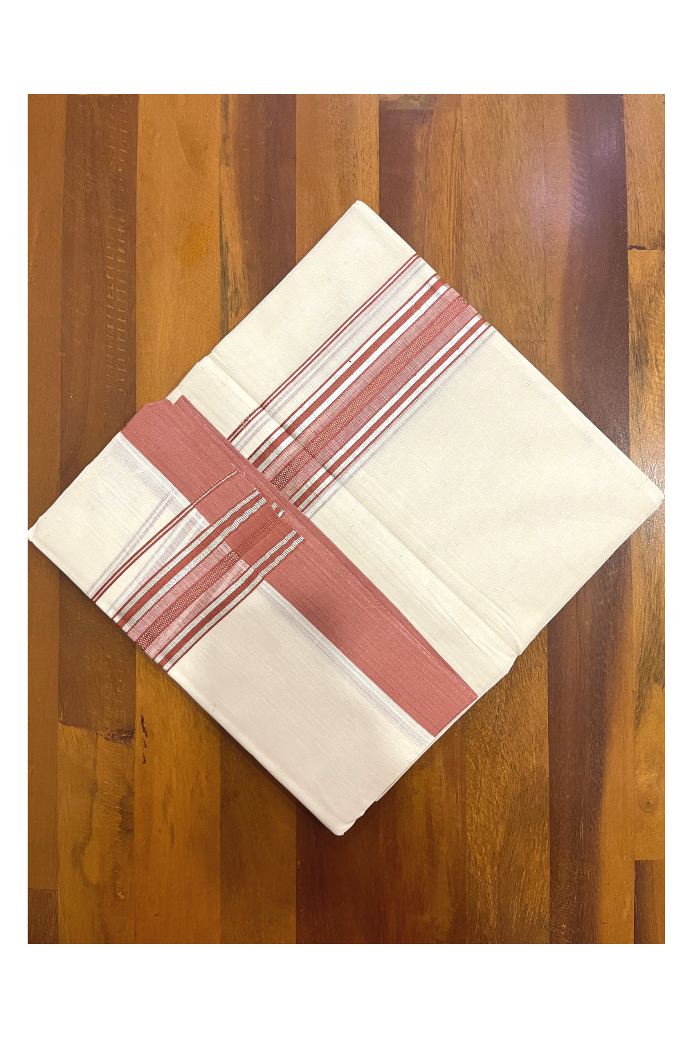 Pure Cotton 100x100 Double Mundu with Silver Kasavu and Brick Red Kara (Onam Mundu 2023)