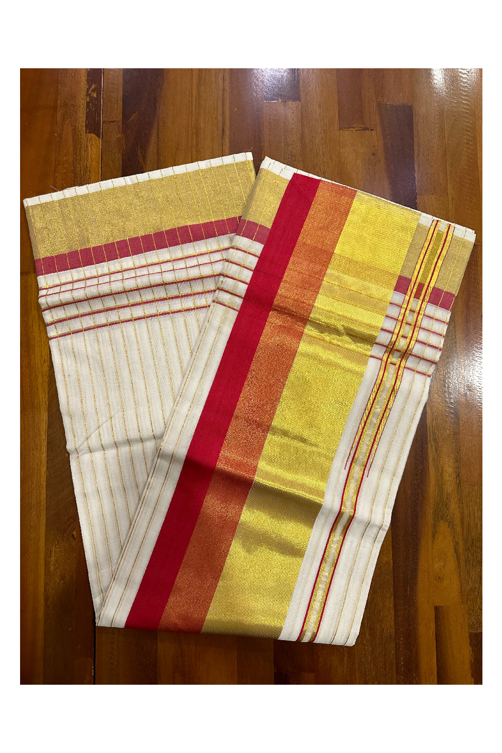 Southloom Premium Handloom Cotton Kerala Saree with Kasavu Lines Across Body and Bight Red Border (Onam Saree 2023)