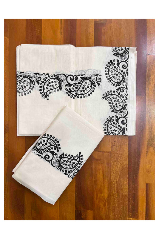 Kerala Cotton Mundum Neriyathum Single (Set Mundu) with Black Paisley Block Prints in Border 2.80 Mtrs