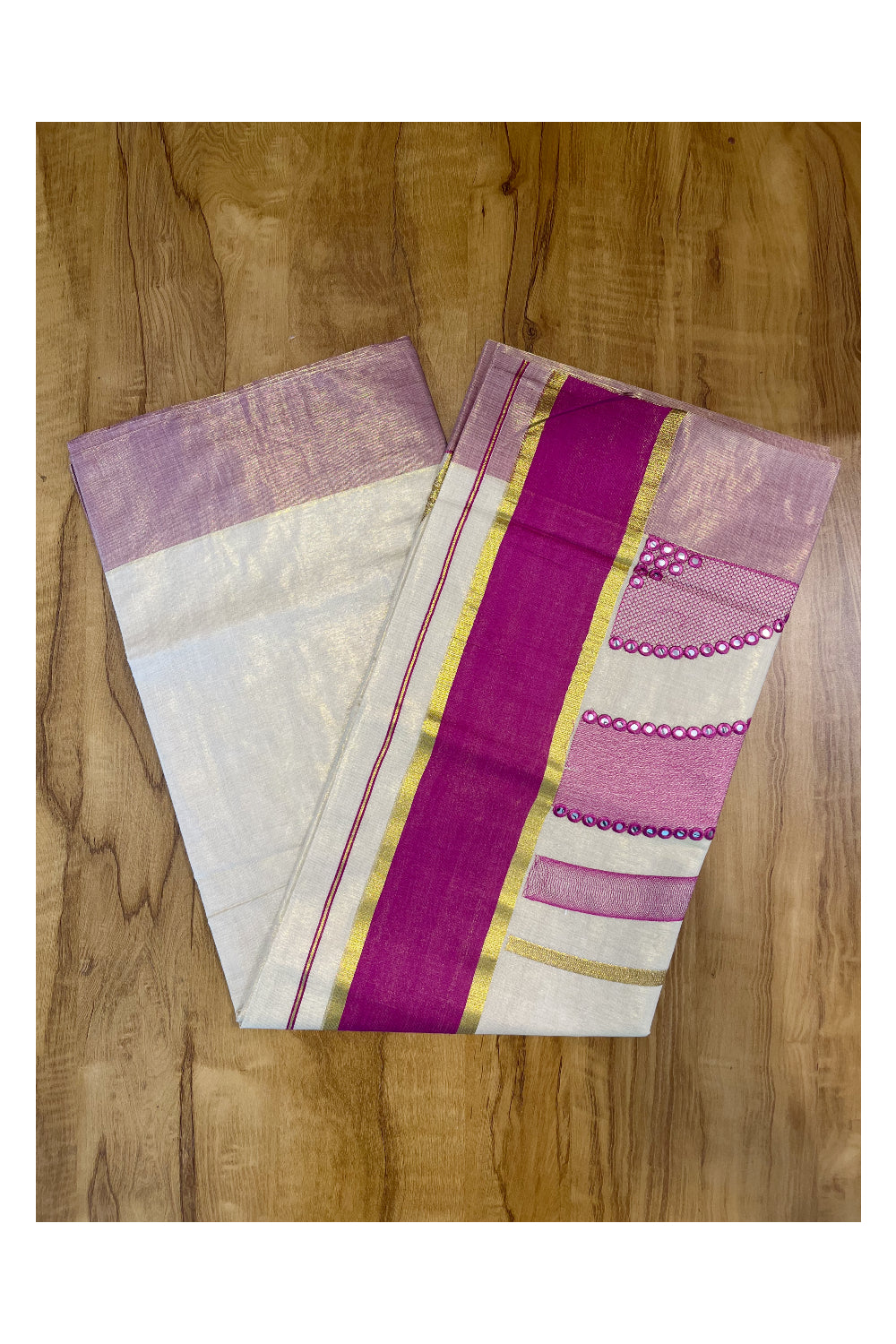 Southloom Kerala Tissue Kasavu Saree with Pink Mirror Work