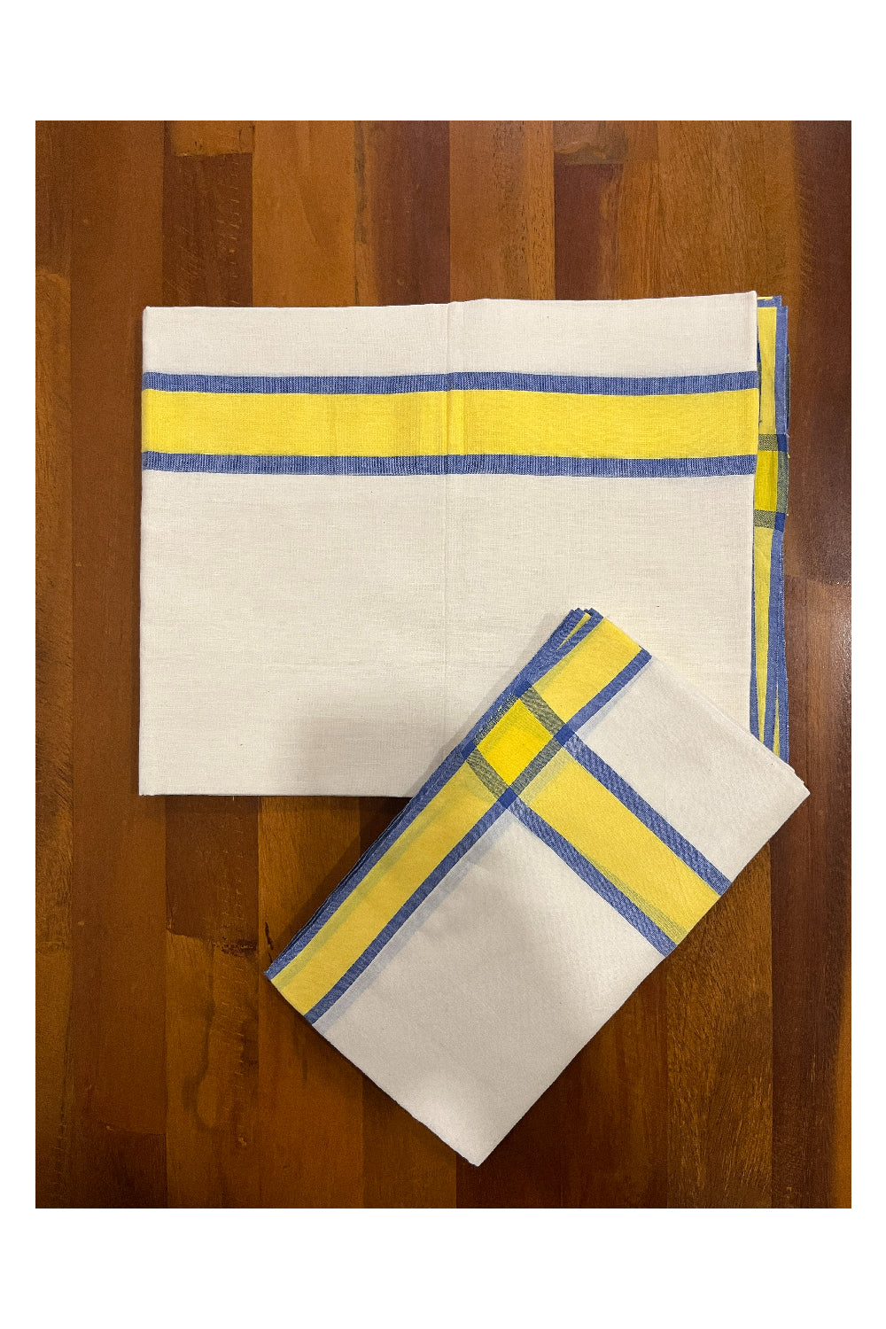 Kerala Cotton Mulloth Single Set Mundu (Mundum Neriyathum) with Yellow and Blue Border (Extra Soft Cotton)