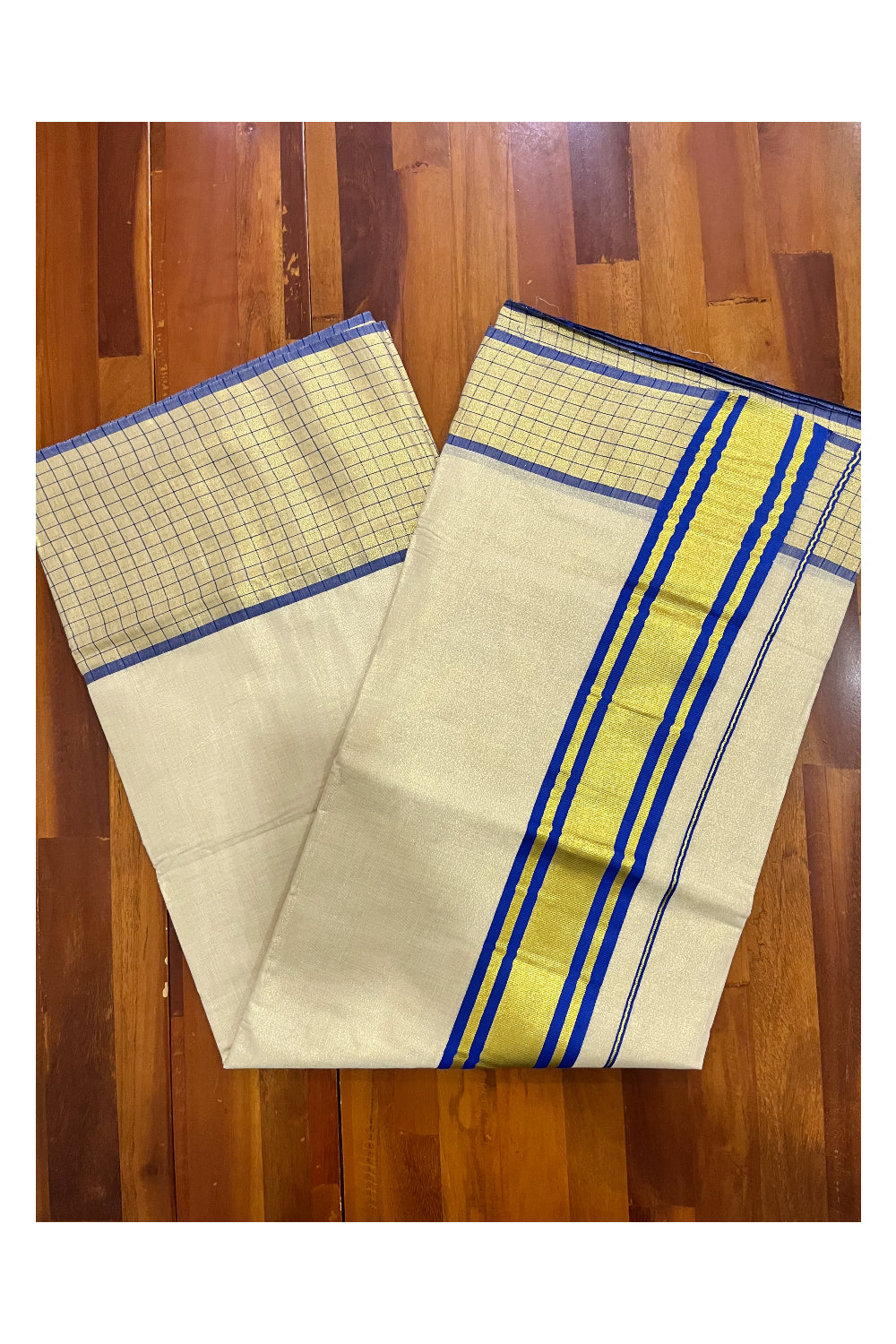 Kerala Tissue Kasavu Saree with Blue Check Design Border