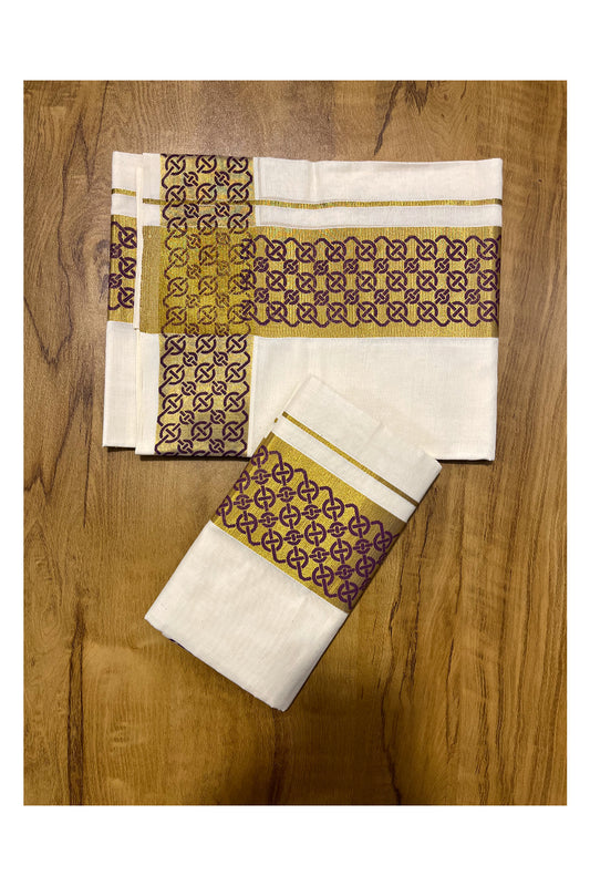 Kerala Pure Cotton Set Mundu Single (Mundum Neriyathum) with Violet Block Prints on Kasavu Border 2.80Mtrs