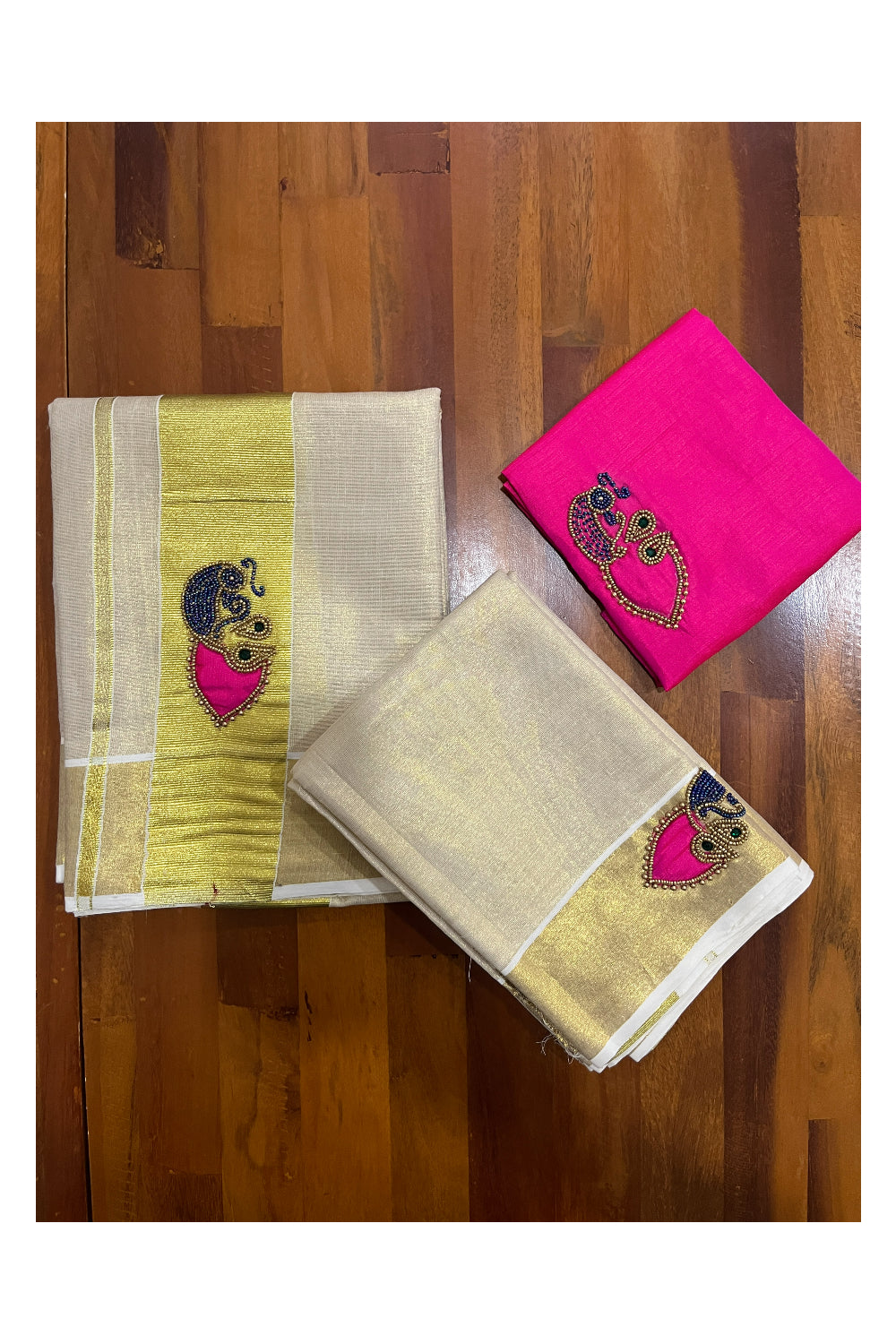 Kerala Tissue Kasavu Set Mundu (Mundum Neriyathum) with Bead Handwork Design and Magenta Blouse Piece