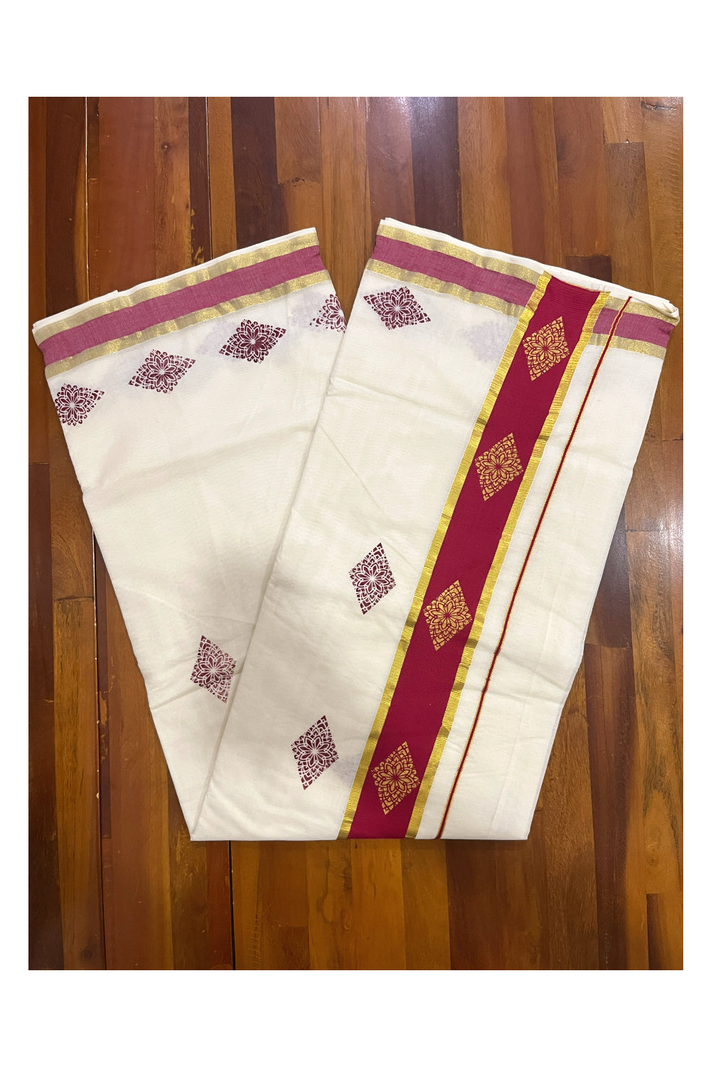 Pure Cotton Kerala Saree with Maroon Block Prints and Kasavu Border