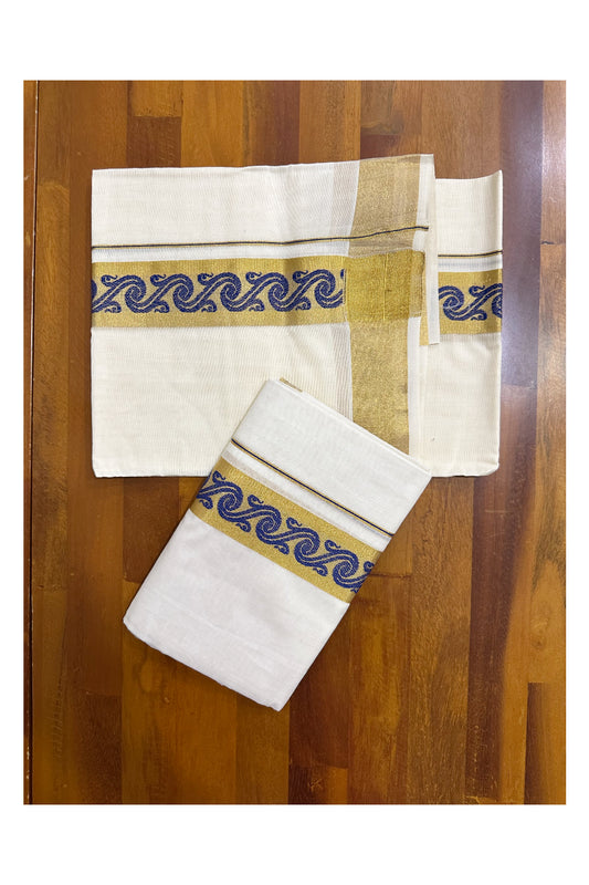 Kerala Pure Cotton Single Set Mundu (Mundum Neriyathum) with Blue Block Prints on Kasavu Border-2.80Mtrs