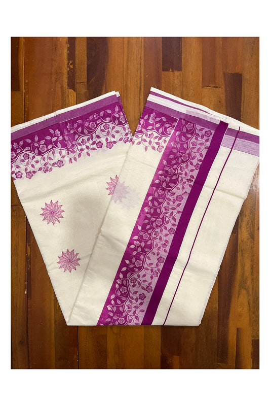 Kerala Cotton Saree with Magenta Floral Block Prints on Border (Onam Saree 2023)