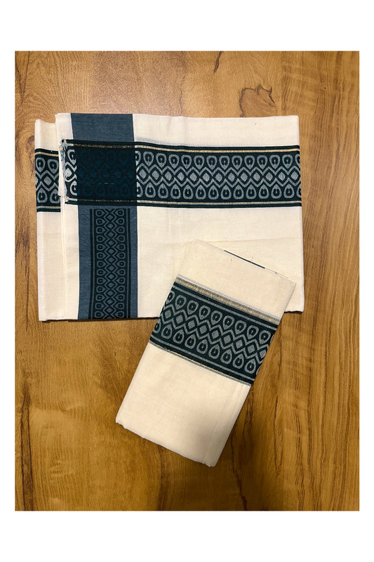 Kerala Cotton Single Set Mundu (Mundum Neriyathum) with Green Block print Border 2.80Mtrs