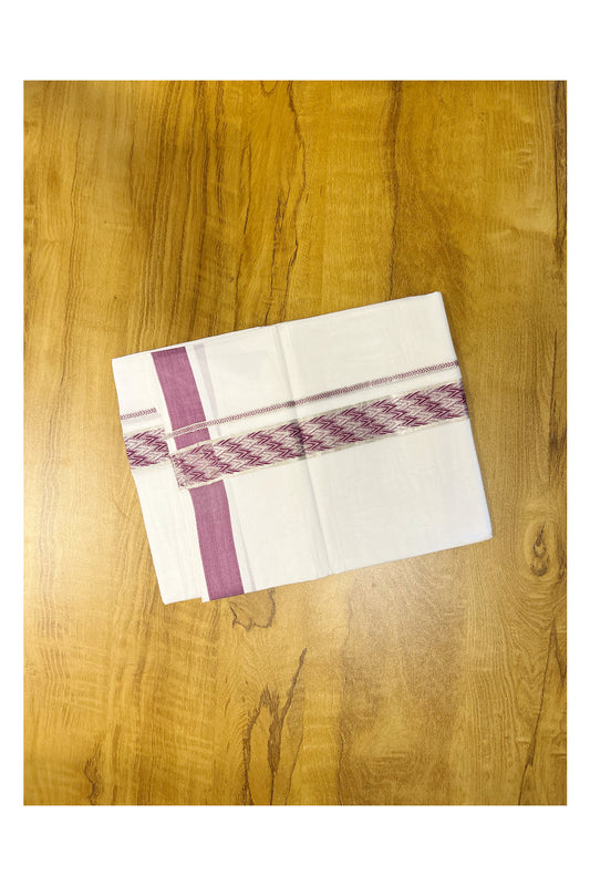 Pure White Cotton Double Mundu with Silver Kasavu and Magenta Woven Border