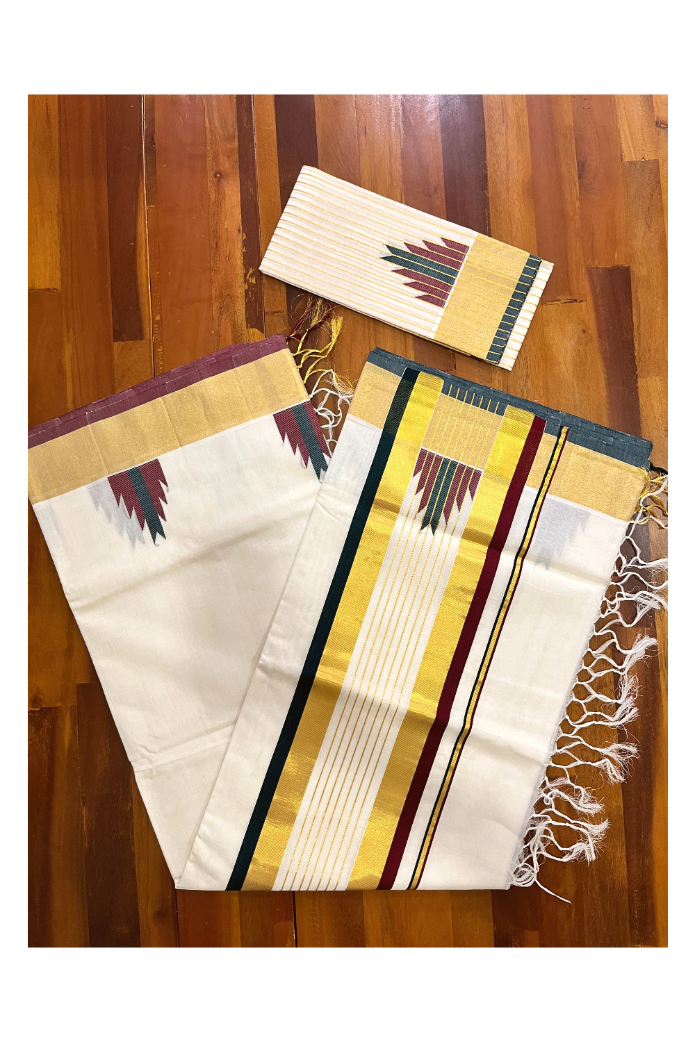 Southloom™ Premium Handloom Cotton Kasavu Saree with Maroon Dark Green Temple Woven Border and Stripes Work on Pallu