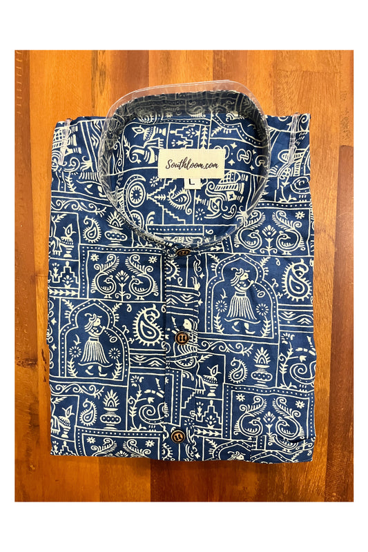 Southloom Jaipur Cotton Blue Hand Block Printed Mandarin Collar Shirt (Full Sleeves)