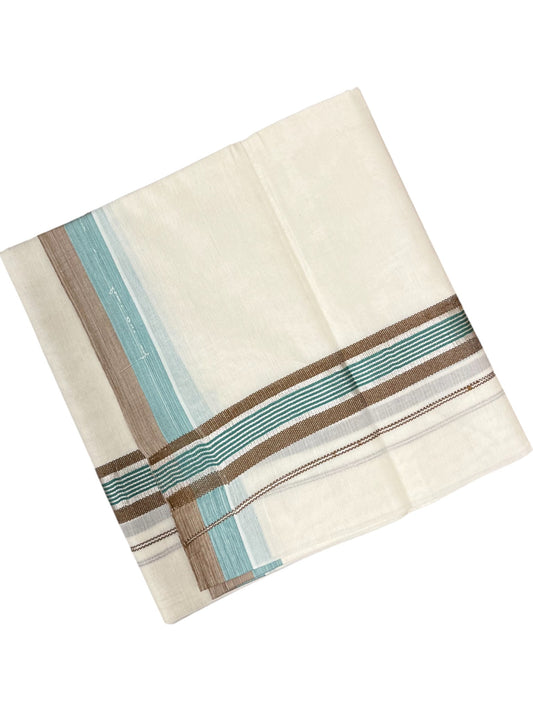 Southloom Kerala Pure Cotton Double Mundu with Green And  Brown Silver Lines Border (South Indian Dhoti)