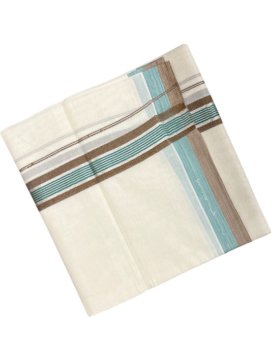 Southloom Kerala Pure Cotton Double Mundu with Green And Brown Silver Lines Border (South Indian Dhoti)
