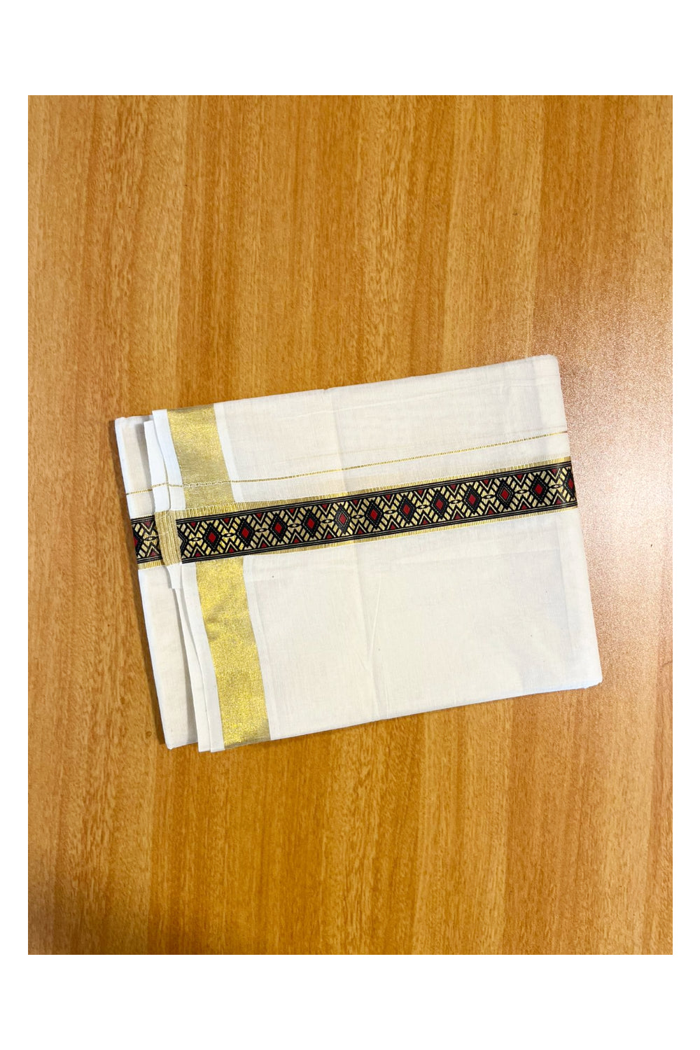 Southloom Kasavu Double Mundu with Prints on Kasavu Kara