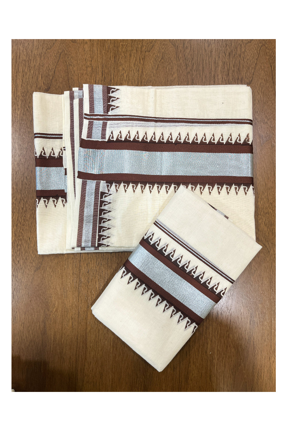 Cotton Single Set Mundu (Mundu Neriyathum) with Brown Temple Block Prints and Silver Kasavu Border