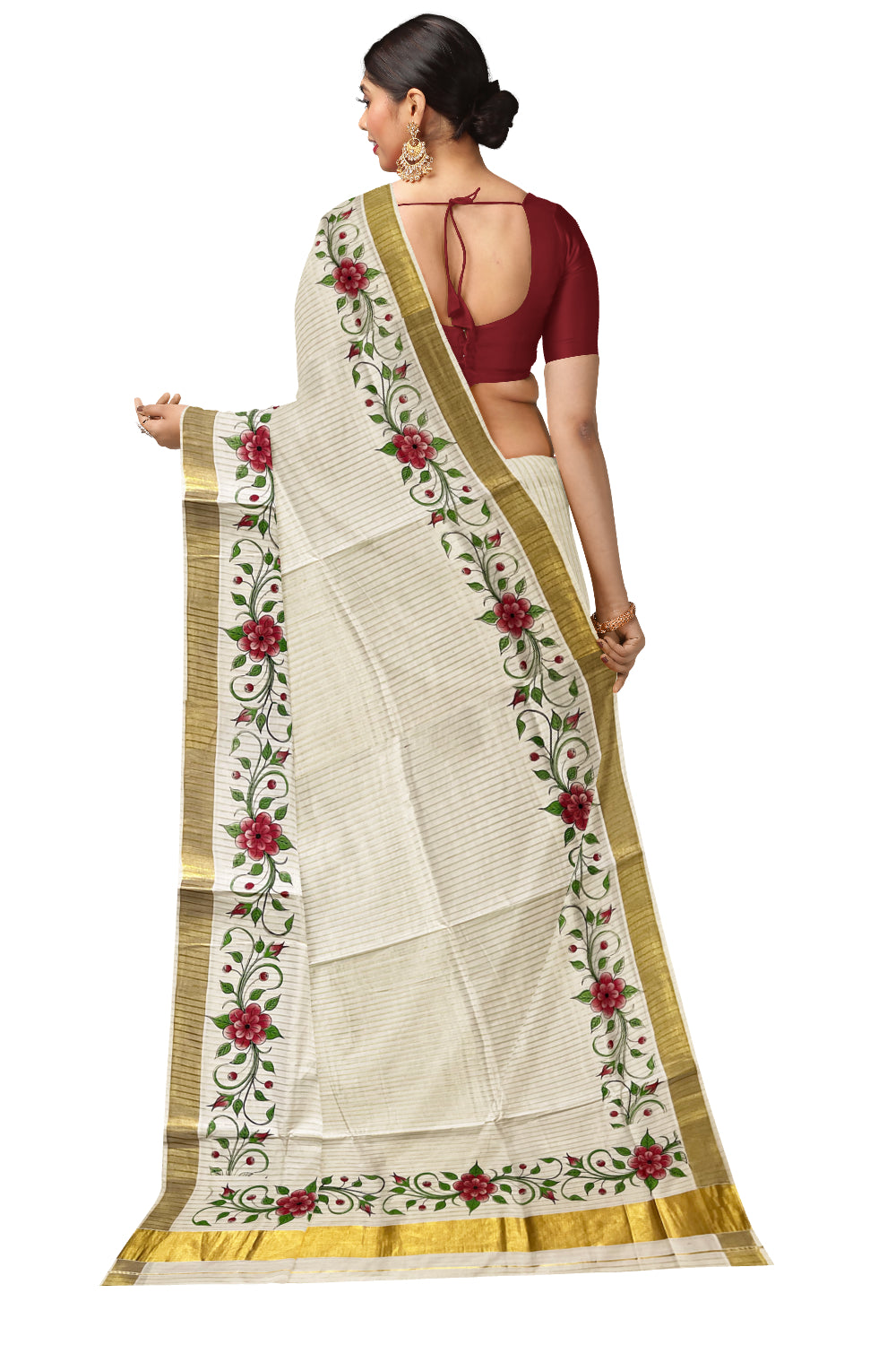 Pure Cotton Kerala Kasavu Lines Design and Red Floral Block Printed Saree