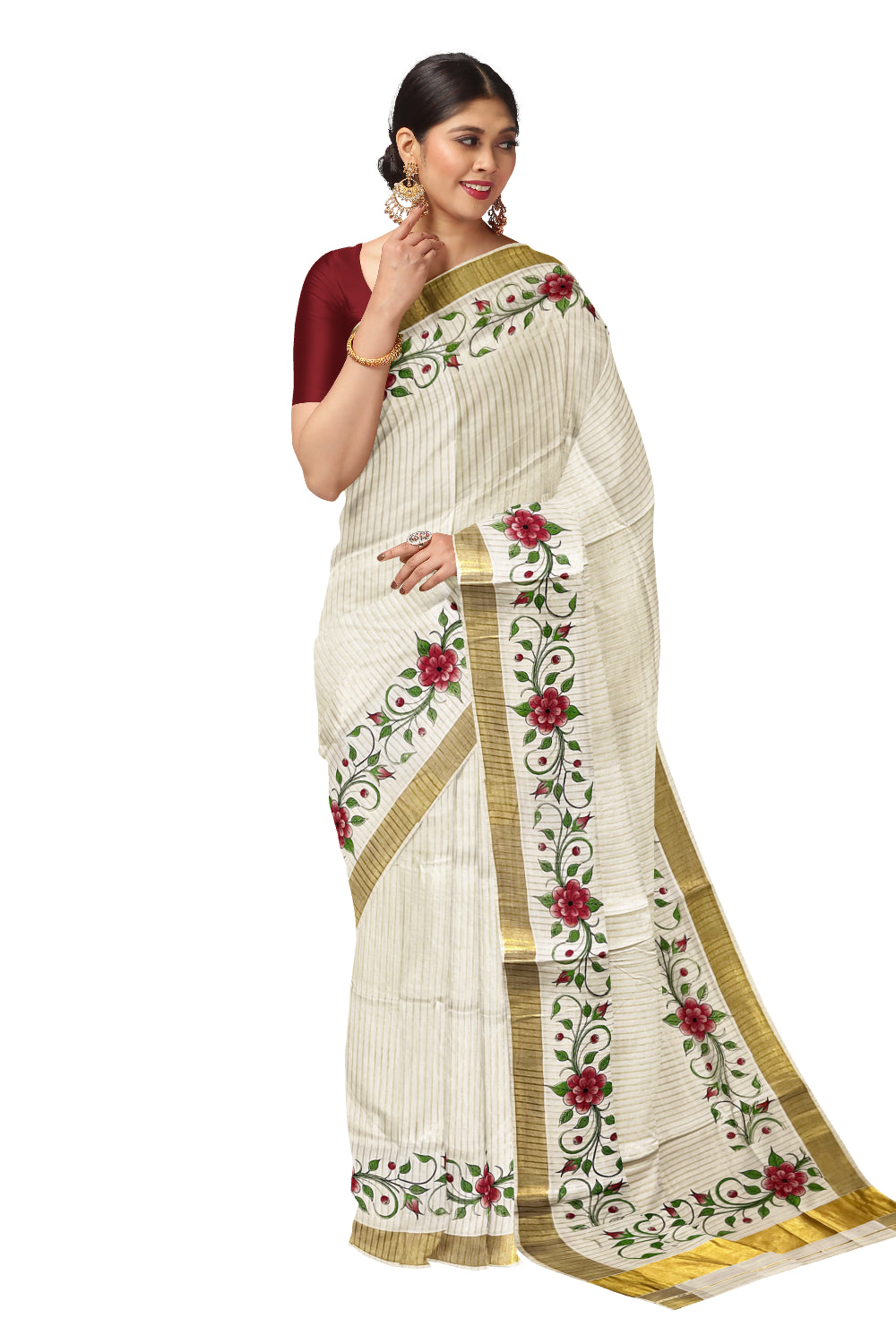 Pure Cotton Kerala Kasavu Lines Design and Red Floral Block Printed Saree