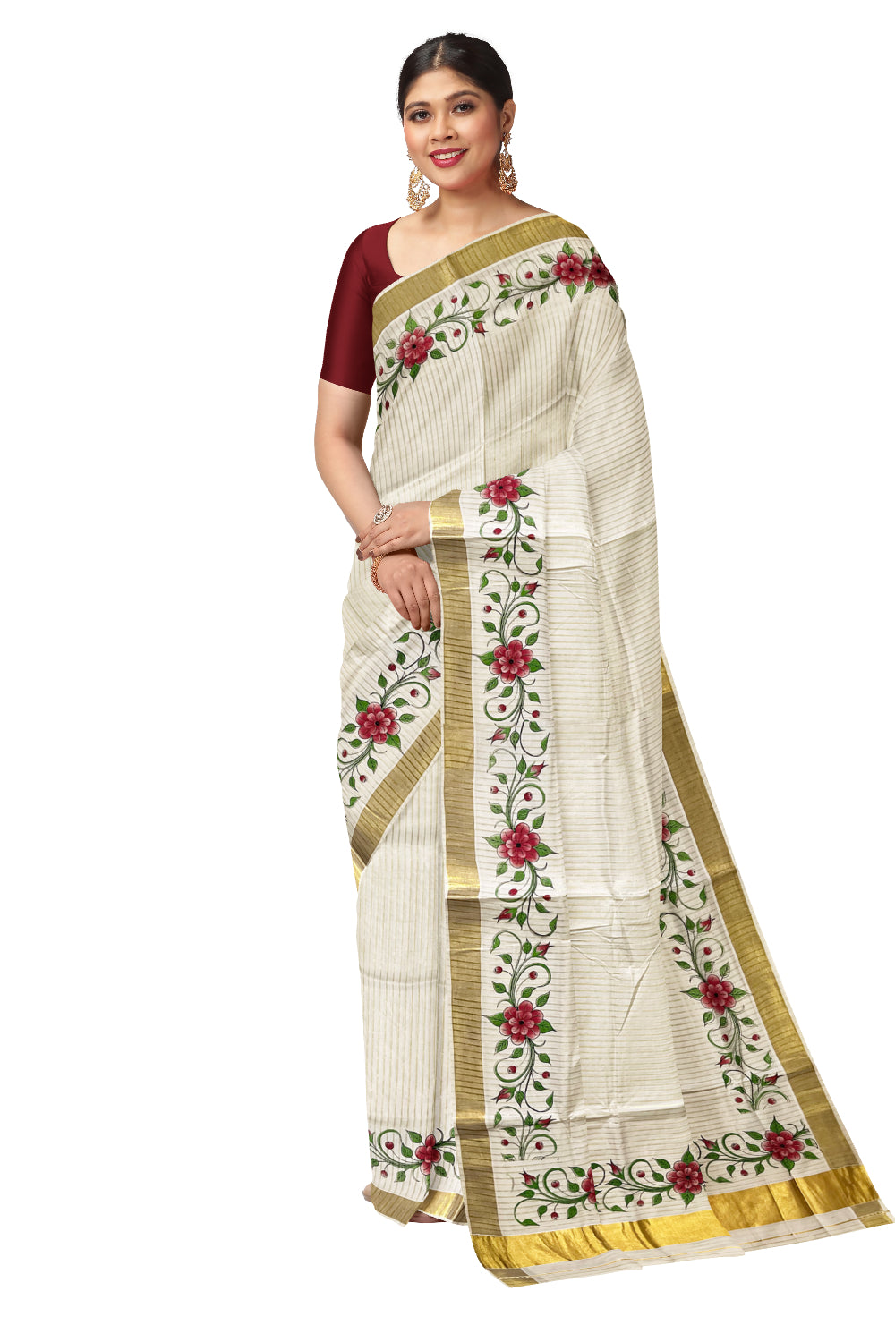 Pure Cotton Kerala Kasavu Lines Design and Red Floral Block Printed Saree