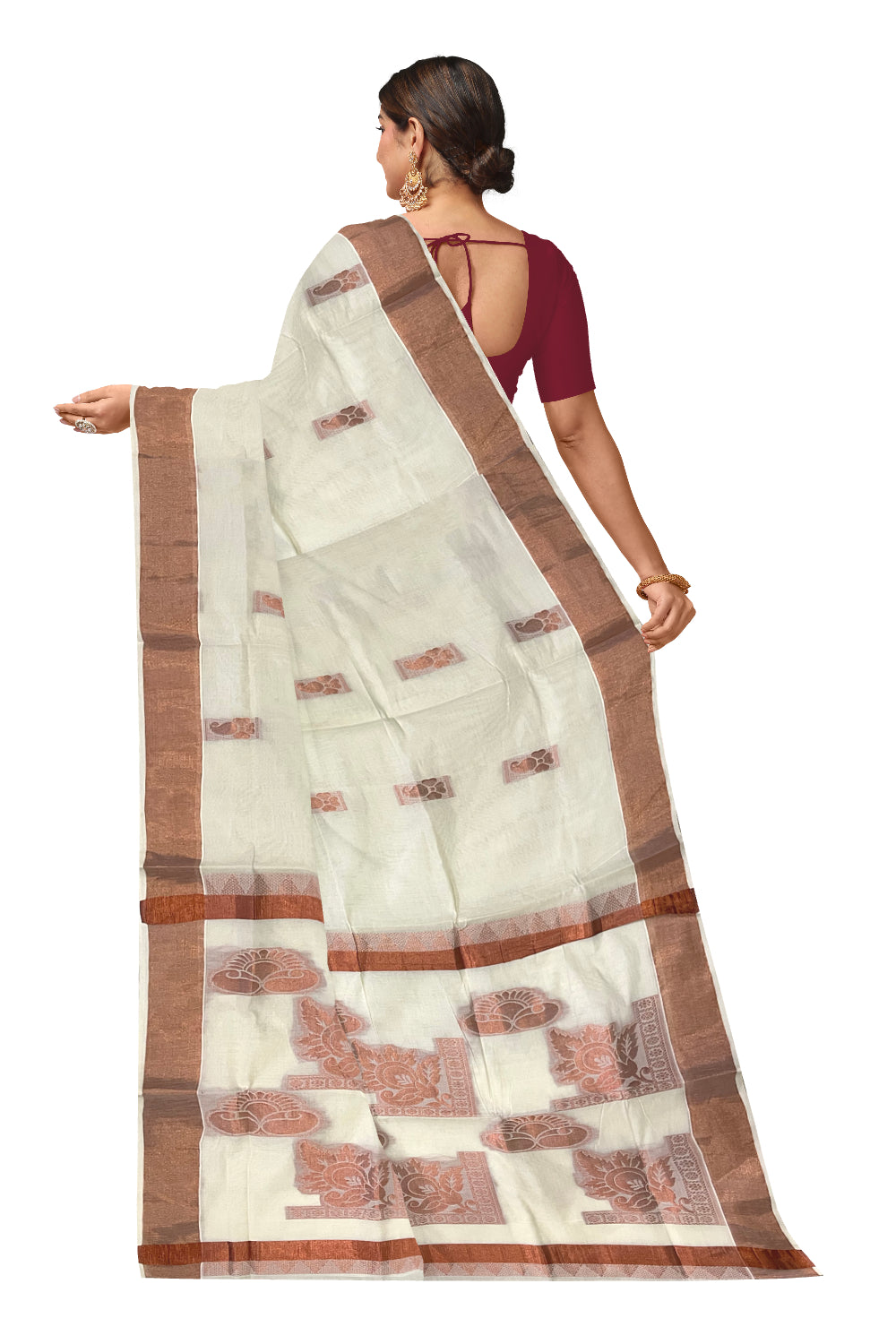 Kerala Copper Kasavu Heavy Woven Work Cotton Saree