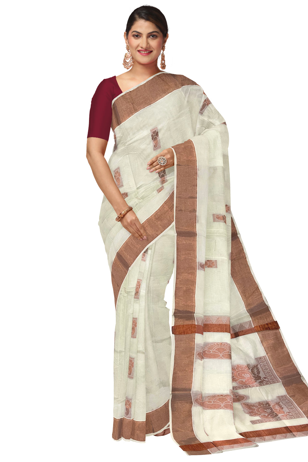 Kerala Copper Kasavu Heavy Woven Work Cotton Saree