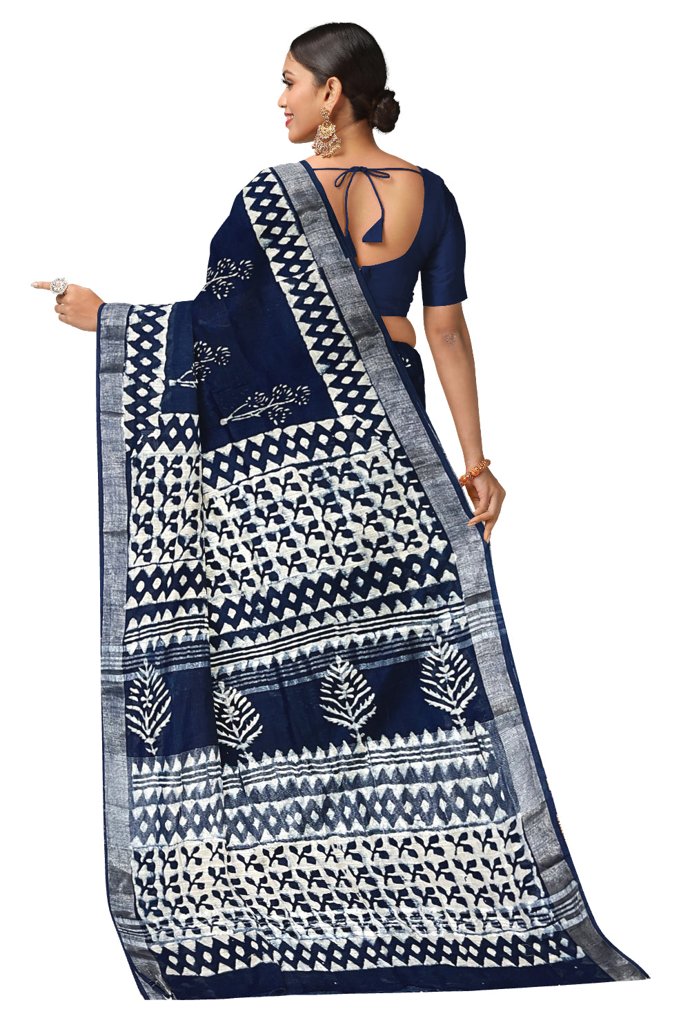 Southloom Linen Dark Blue Designer Saree with White Prints (include Separate Blouse Piece)