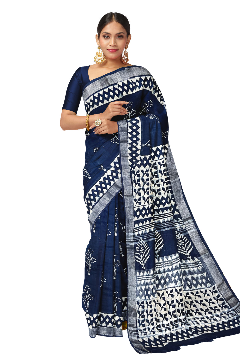 Southloom Linen Dark Blue Designer Saree with White Prints (include Separate Blouse Piece)