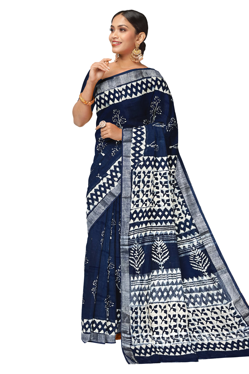 Southloom Linen Dark Blue Designer Saree with White Prints (include Separate Blouse Piece)