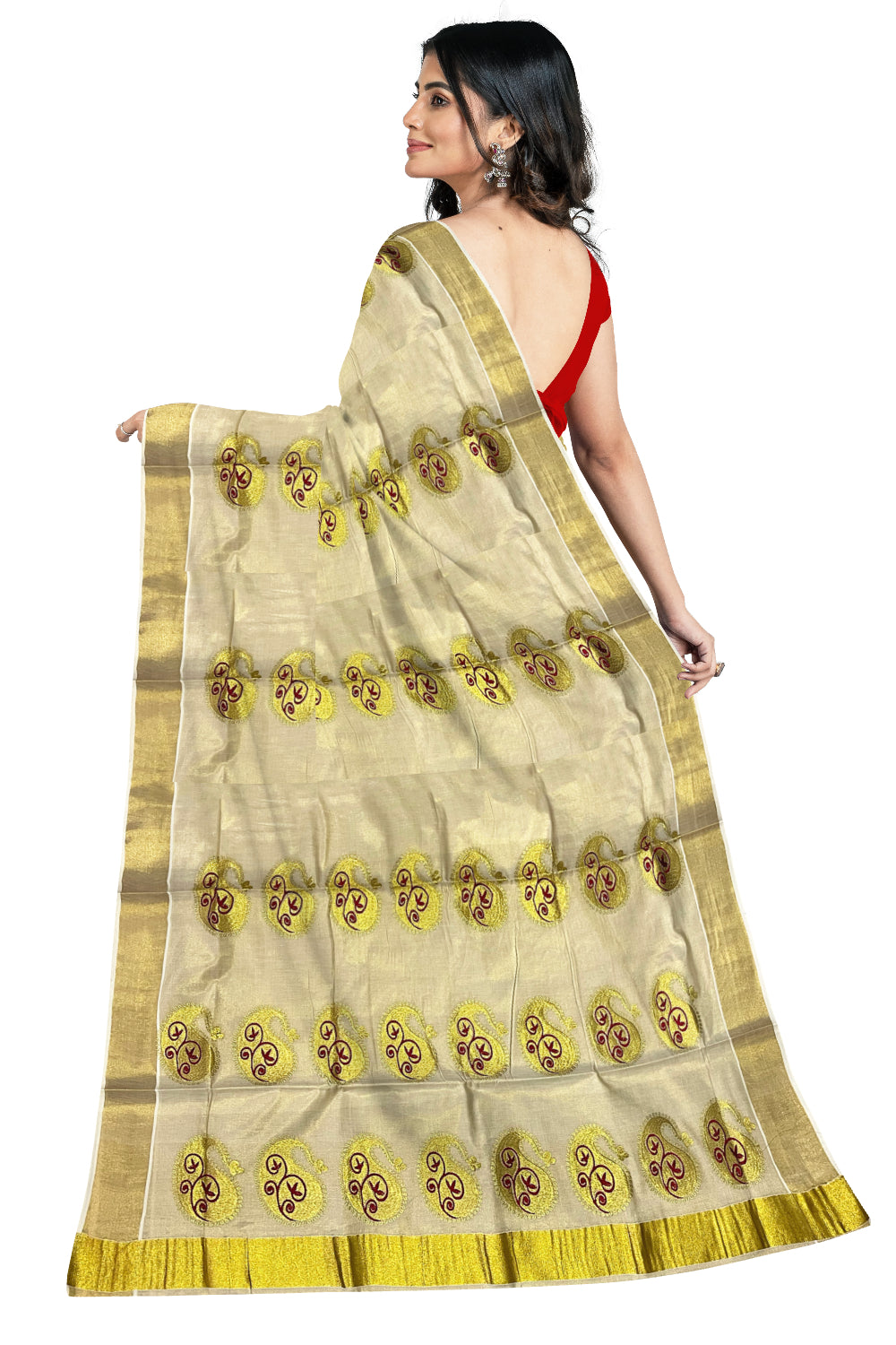 Kerala Tissue Red and Golden Embroidery Work Kasavu Saree