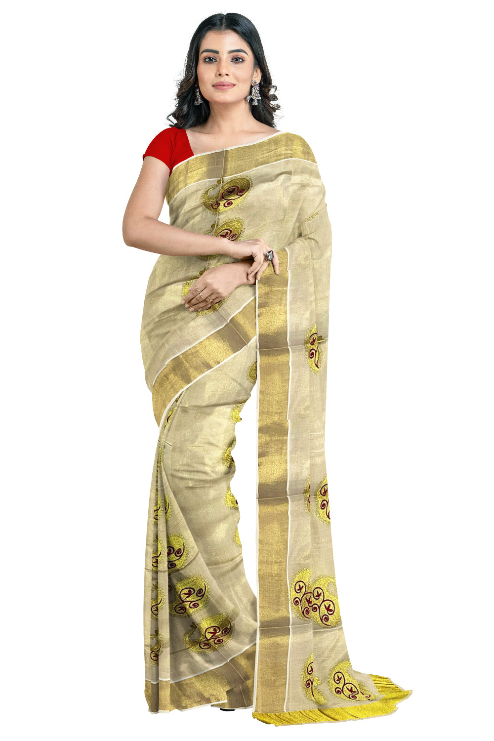 Kerala Tissue Red and Golden Embroidery Work Kasavu Saree