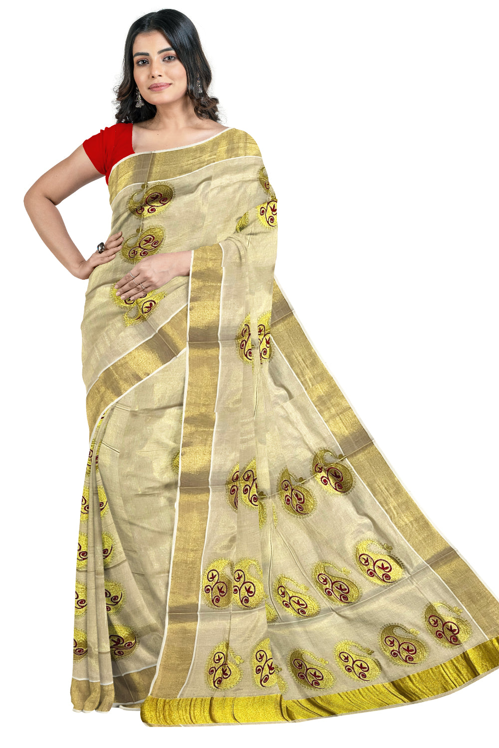 Kerala Tissue Red and Golden Embroidery Work Kasavu Saree