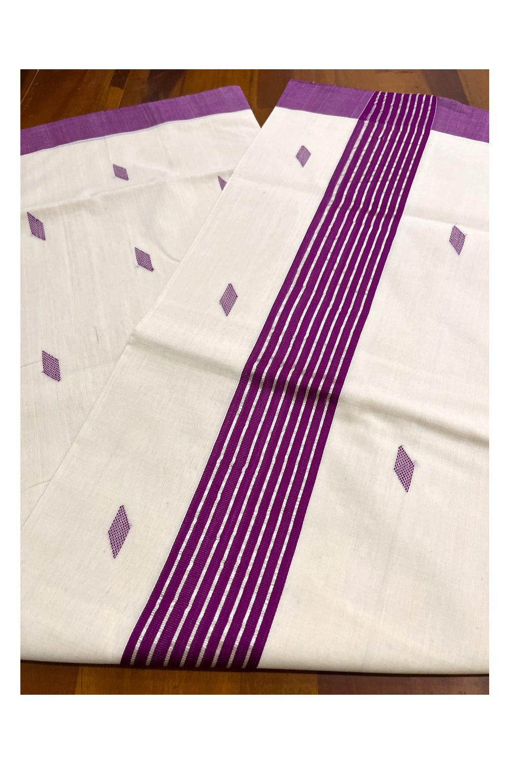 Southloom Premium Balaramapuram Unakkupaavu Handloom Cotton Butta Saree with Violet and Kasavu Border