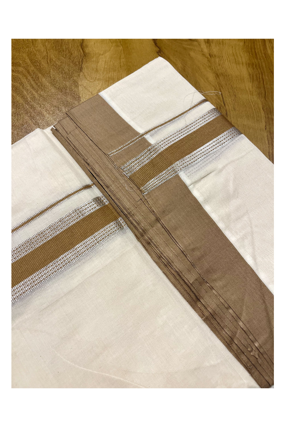 Pure Cotton Off White Double Mundu with Silver Kasavu and Brown Border (South Indian Kerala Dhoti)